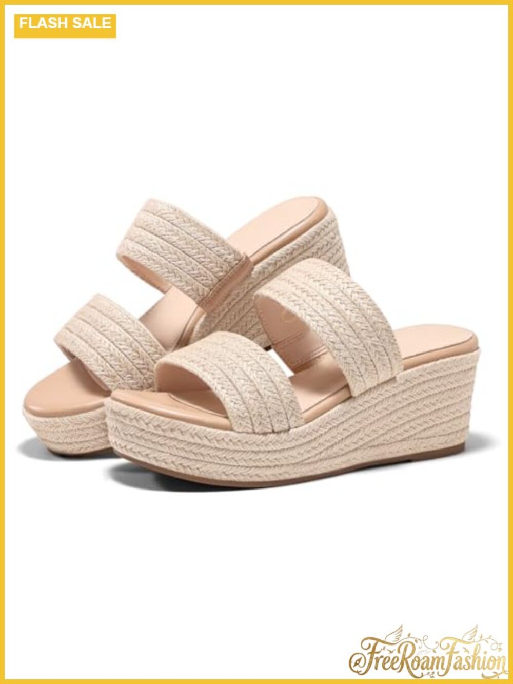 Platform Wedge Sandals Espadrille Raffia Heeled Slides Open Toe Two Band Beach